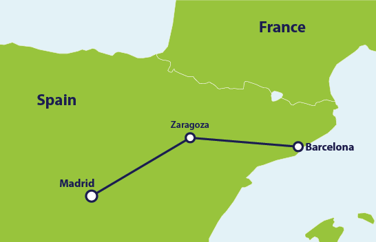 Map with train route Madrid to Barcelona